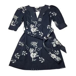 Caroline Constas Puff Sleeve V Neck Floral Dress Black White Tie Waist Small